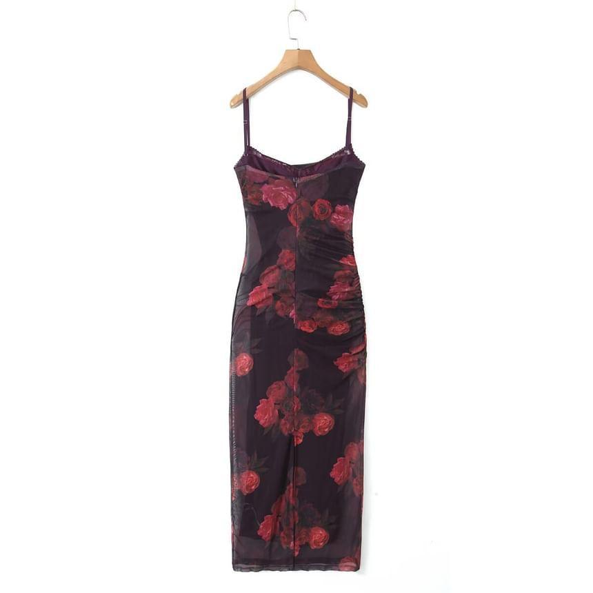 Spaghetti Strap Floral Print Ruched Mesh Maxi Sheath Dress Product Image
