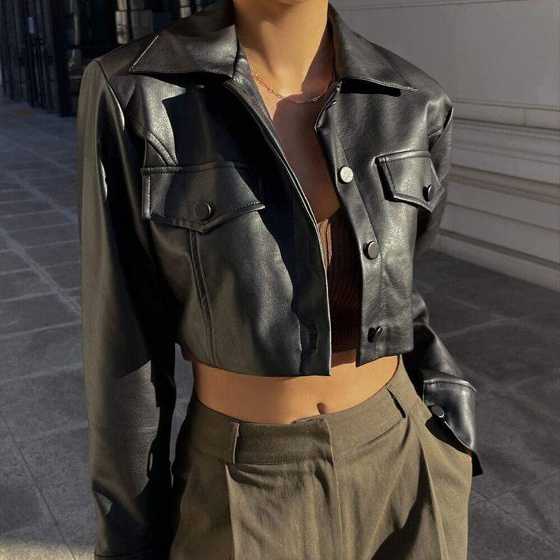 Collar Plain Faux Leather Crop Button Jacket Product Image