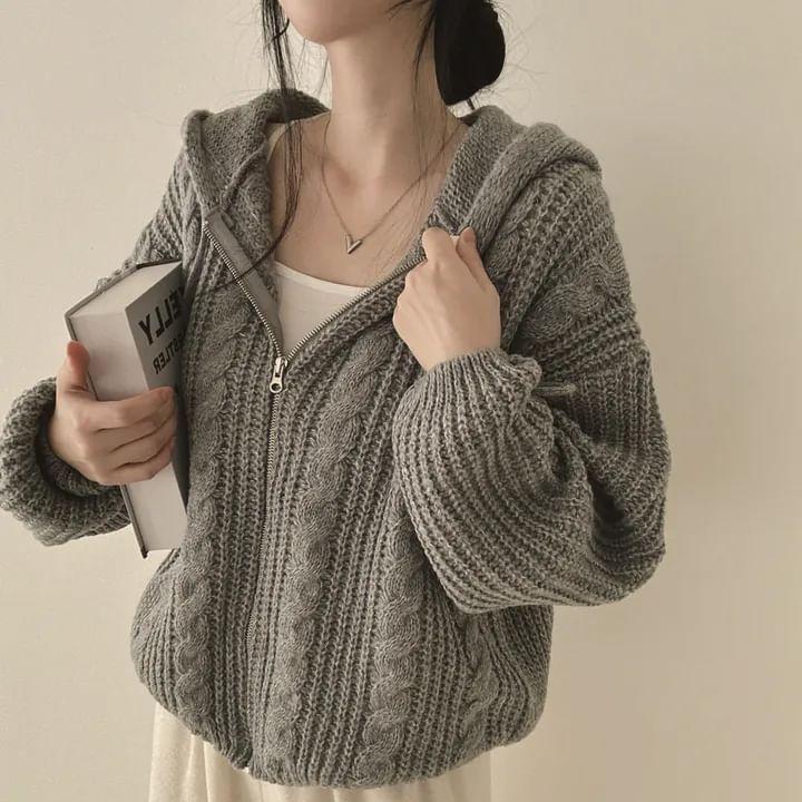 Plain Hooded Cable-Knit Zip Cardigan Product Image