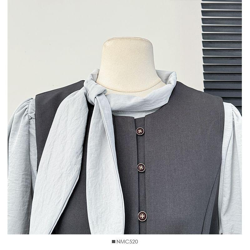 Set: Tie-Neck Loose Blouse + Sleeveless A-Line Dress Product Image