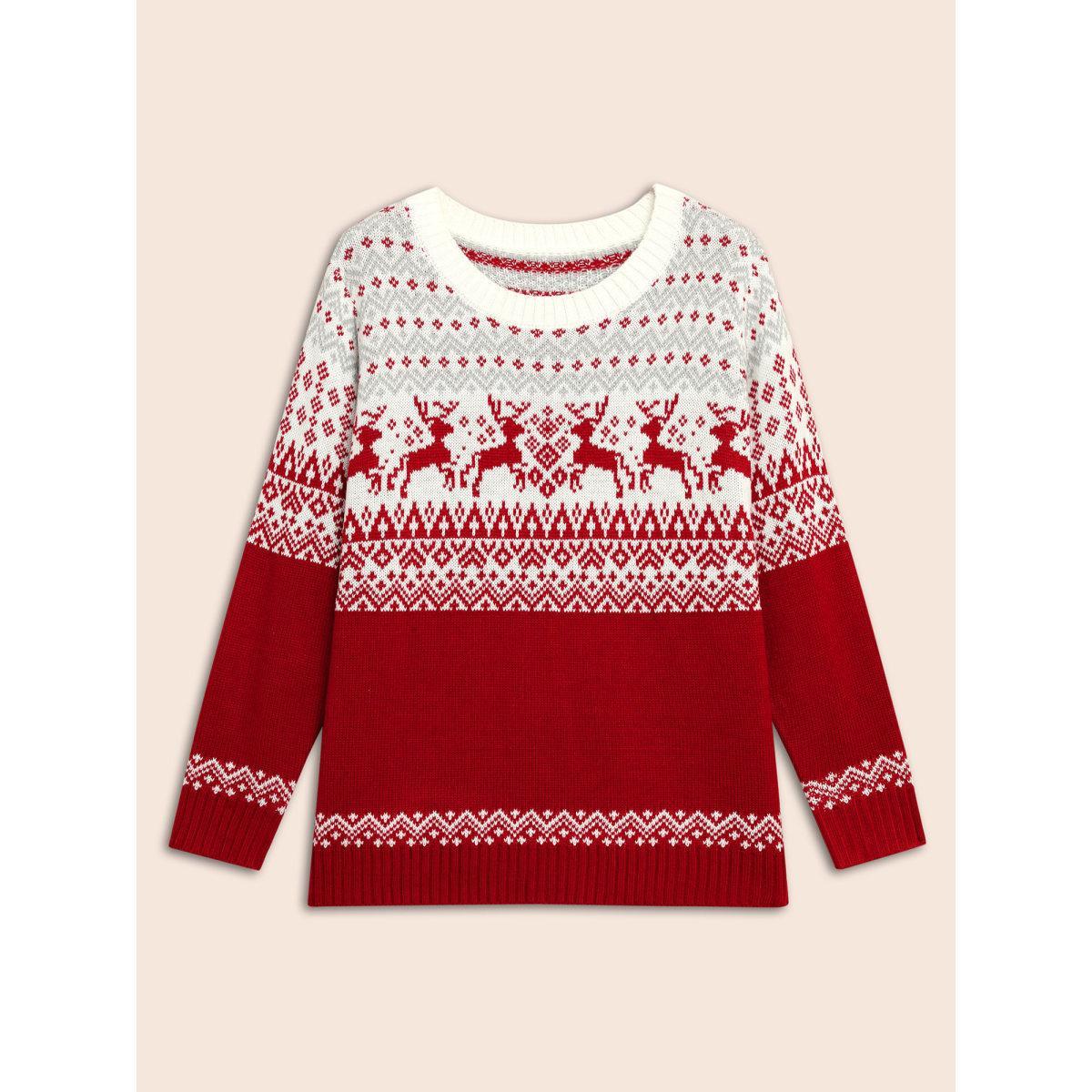Plus Size Supersoft Essentials Reindeer Print Round Neck Pullover Scarlet Women Elegant Loose Long Sleeve Round Neck Everyday Pullovers BloomChic 22-24/3X Product Image