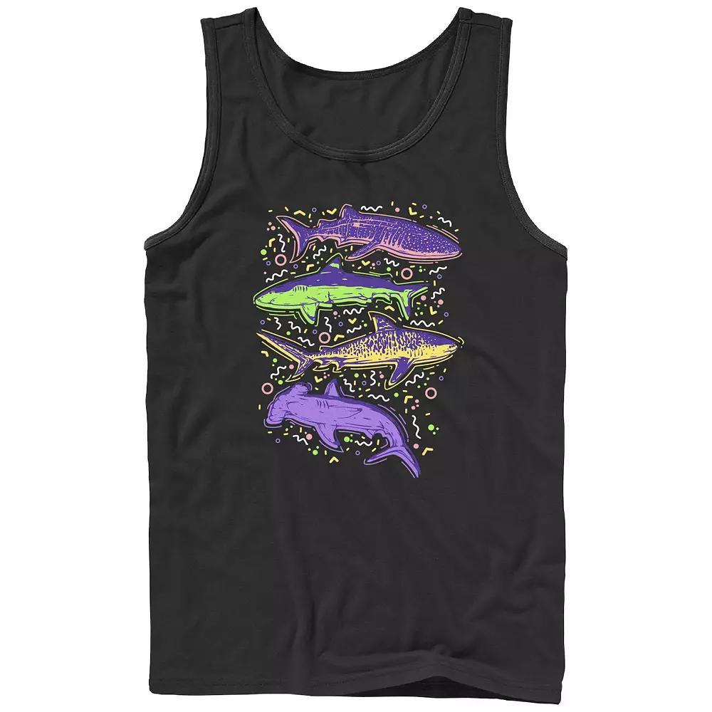 Men's Colorful Sharks And Doodles Graphic Tank, Size: XL, Black Product Image