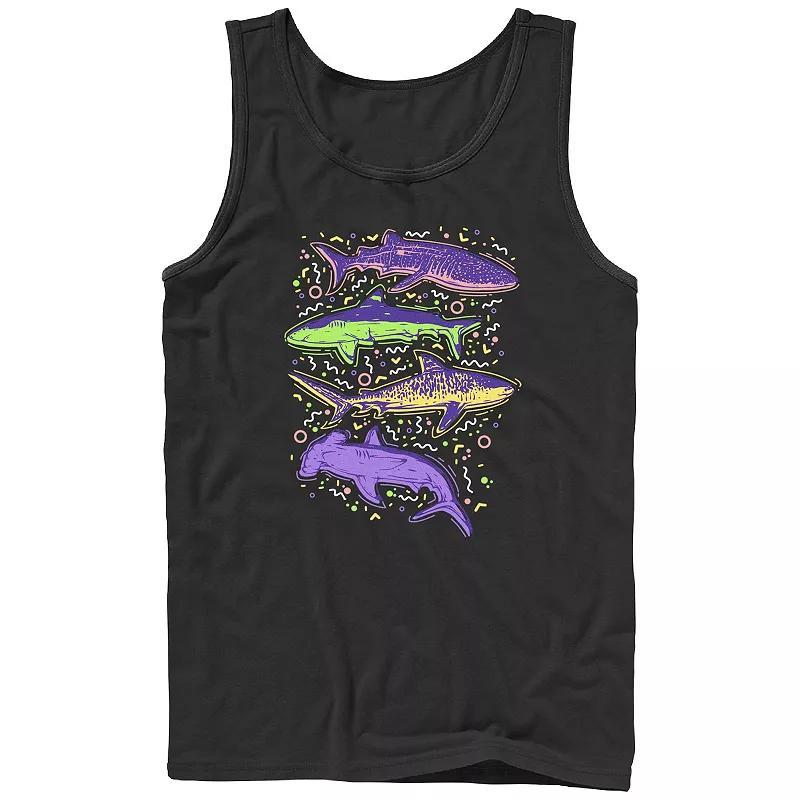Men's Colorful Sharks And Doodles Graphic Tank, Size: XL, Black Product Image