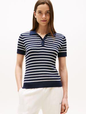 Short-Sleeve Cable Knit Polo Sweater Product Image