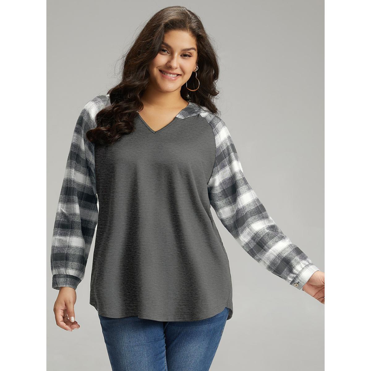 Plus Size Plaid Print Hooded Patchwork Sweatshirt Women DimGray Casual Patchwork Hooded Everyday Sweatshirts BloomChic 14-16/1X Product Image