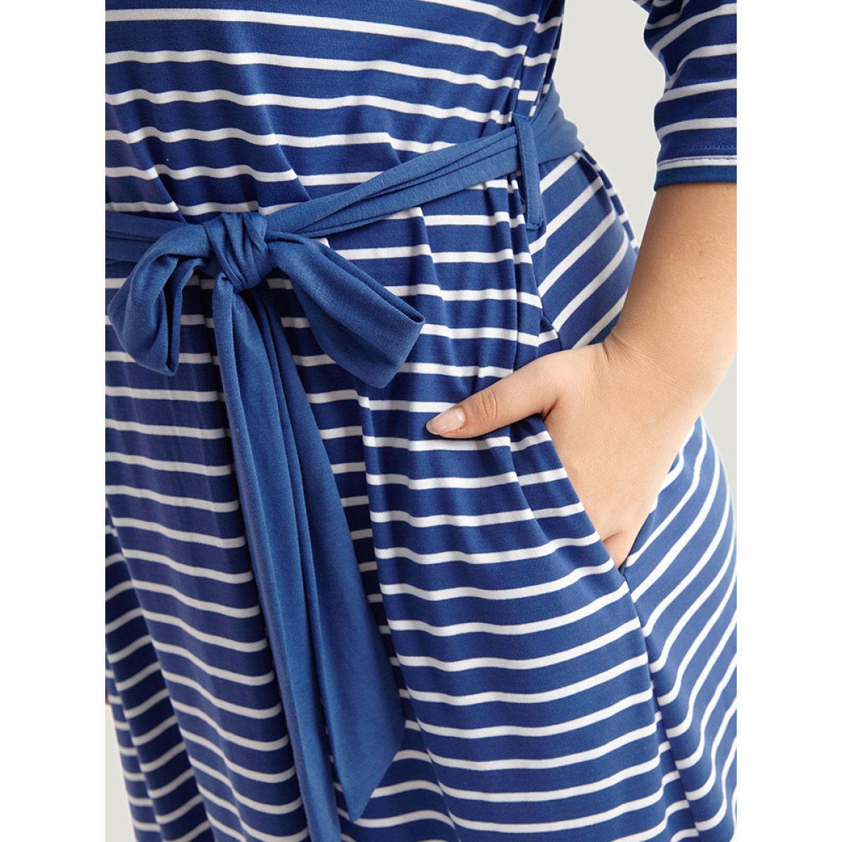 Plus Size Striped Belted Notched Dress Blue Women Casual Belted Notched collar Elbow-length sleeve Curvy Midi Dress BloomChic 12/L Product Image