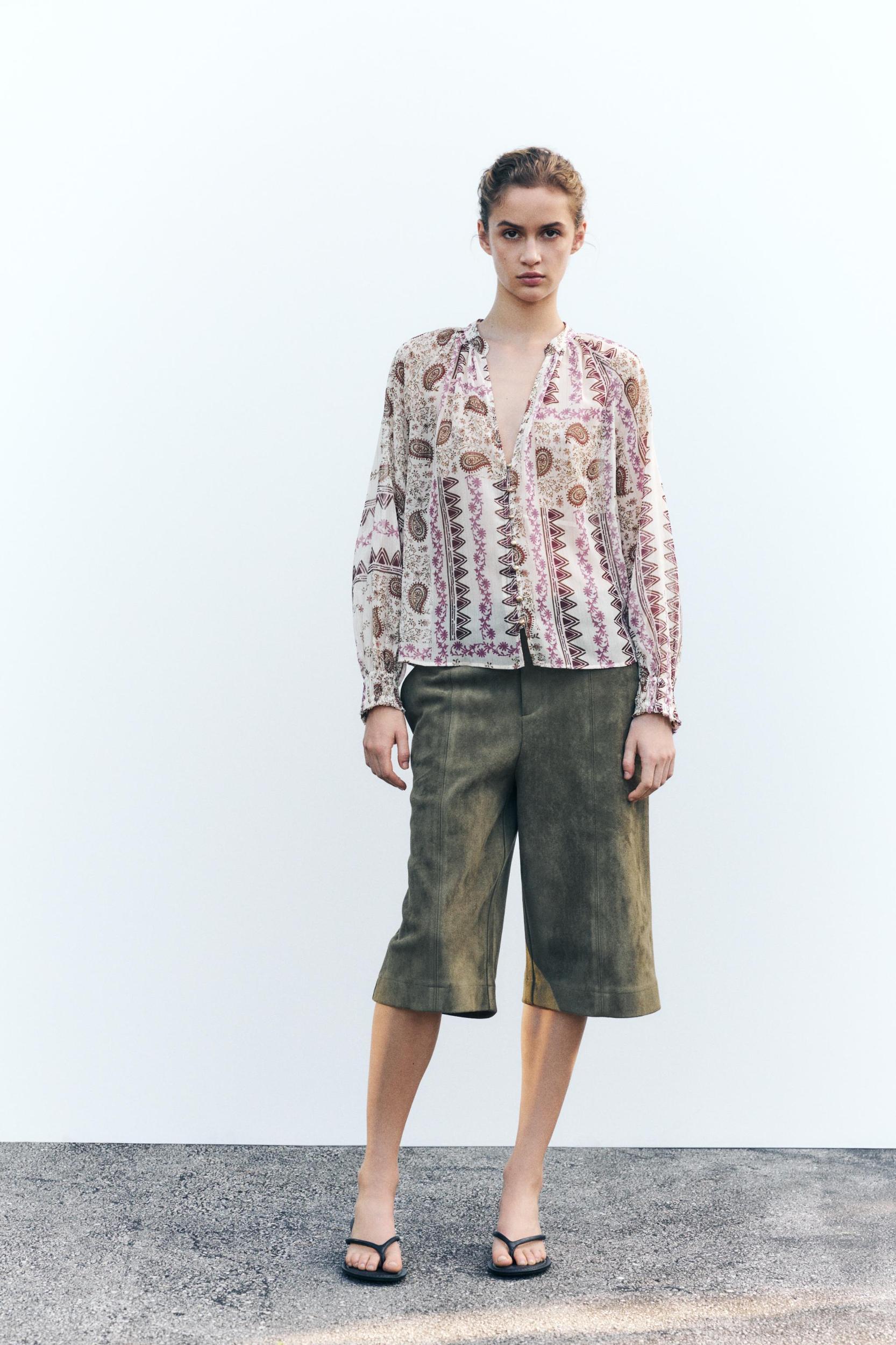 PATCHWORK PRINT SEMI-SHEER BLOUSE Product Image