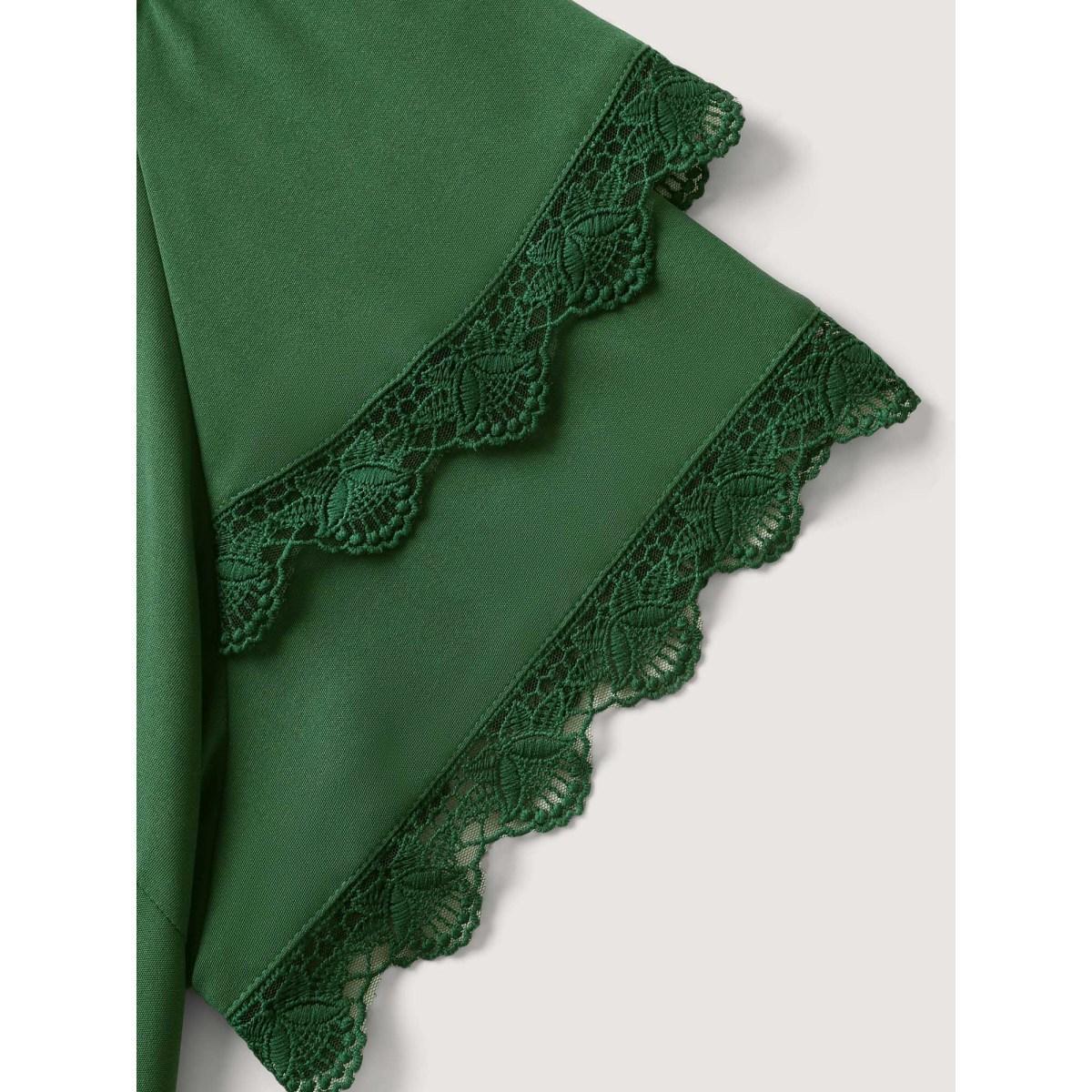 Plus Size DarkGreen Layered Lace Sleeve Belted Solid Jumpsuit Women Cap Sleeve Round Neck Everyday-Elegant Loose Jumpsuits BloomChic 10/M Product Image