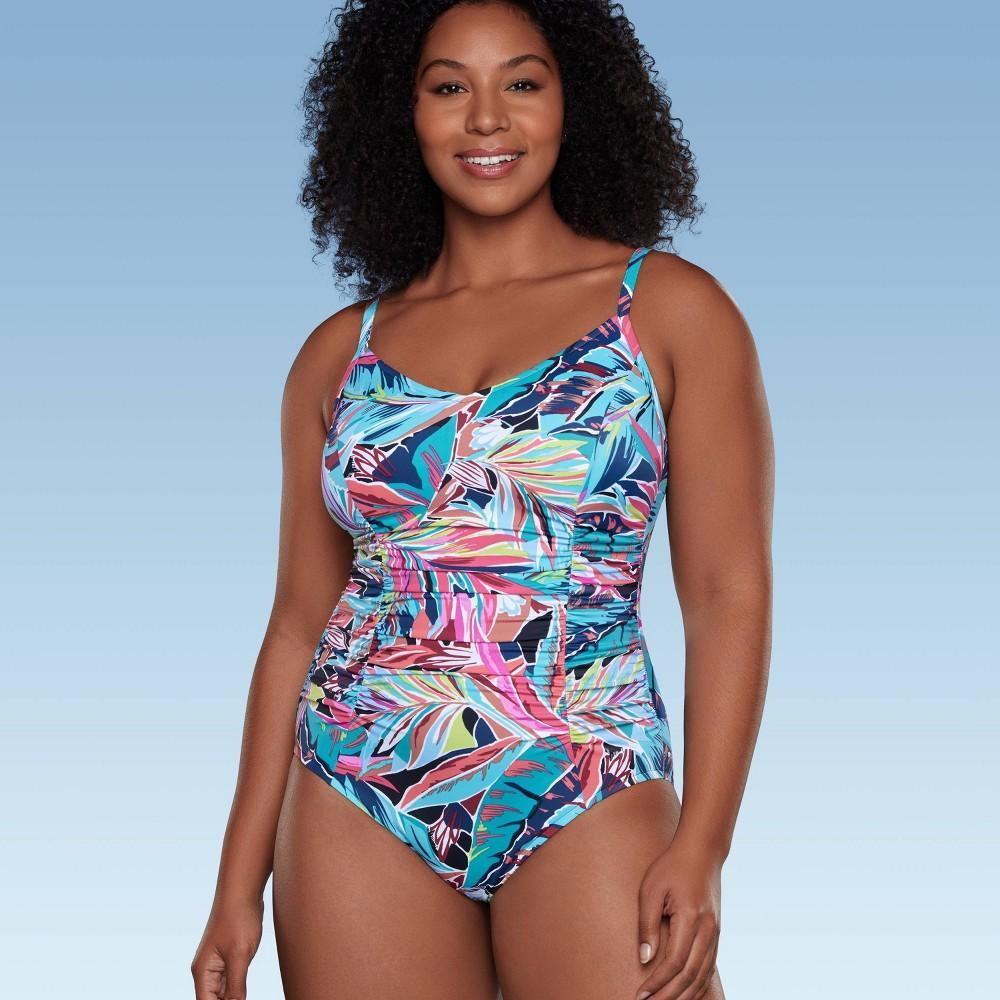 Womens UPF 50 Shirred V-Neck One Piece Swimsuit - Aqua Multi Tropical Print XL Product Image