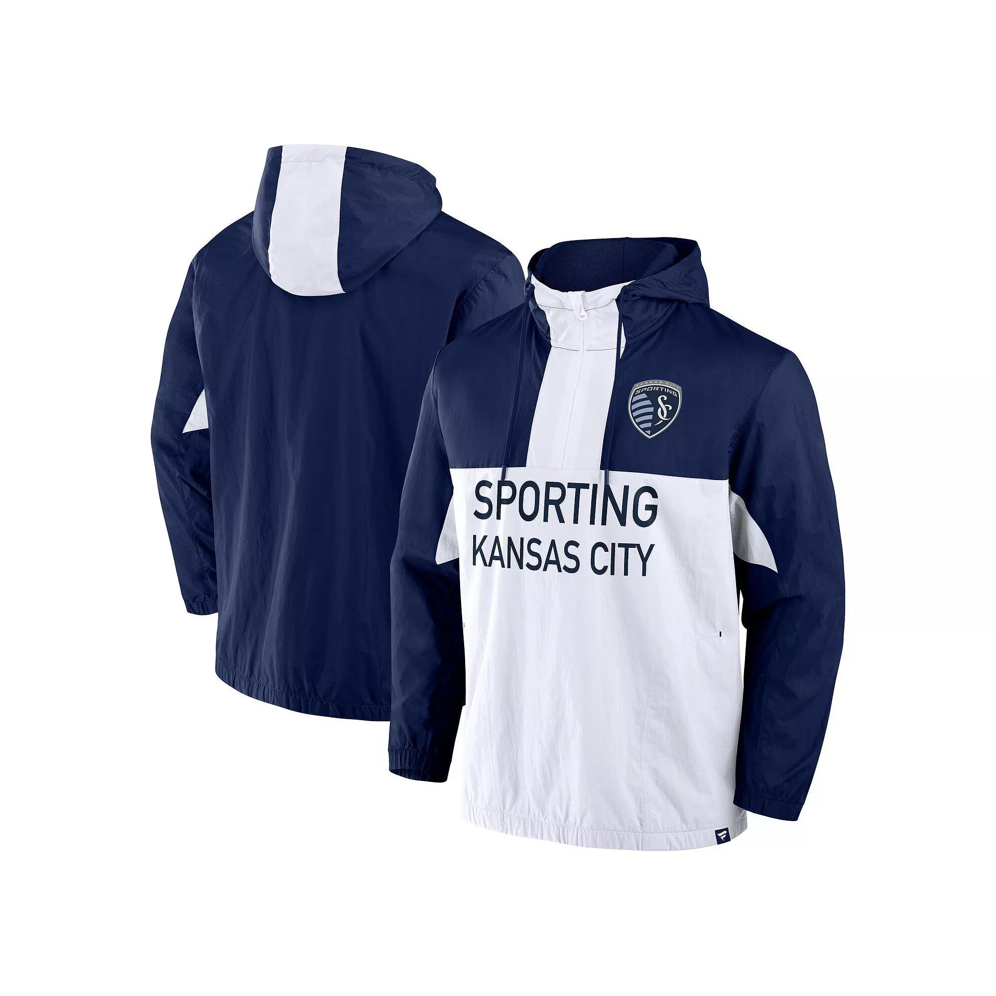 Men's Fanatics Navy Sporting Kansas City Free Kick Woven Quarter-Zip Hoodie Jacket, Size: Small, Blue Product Image