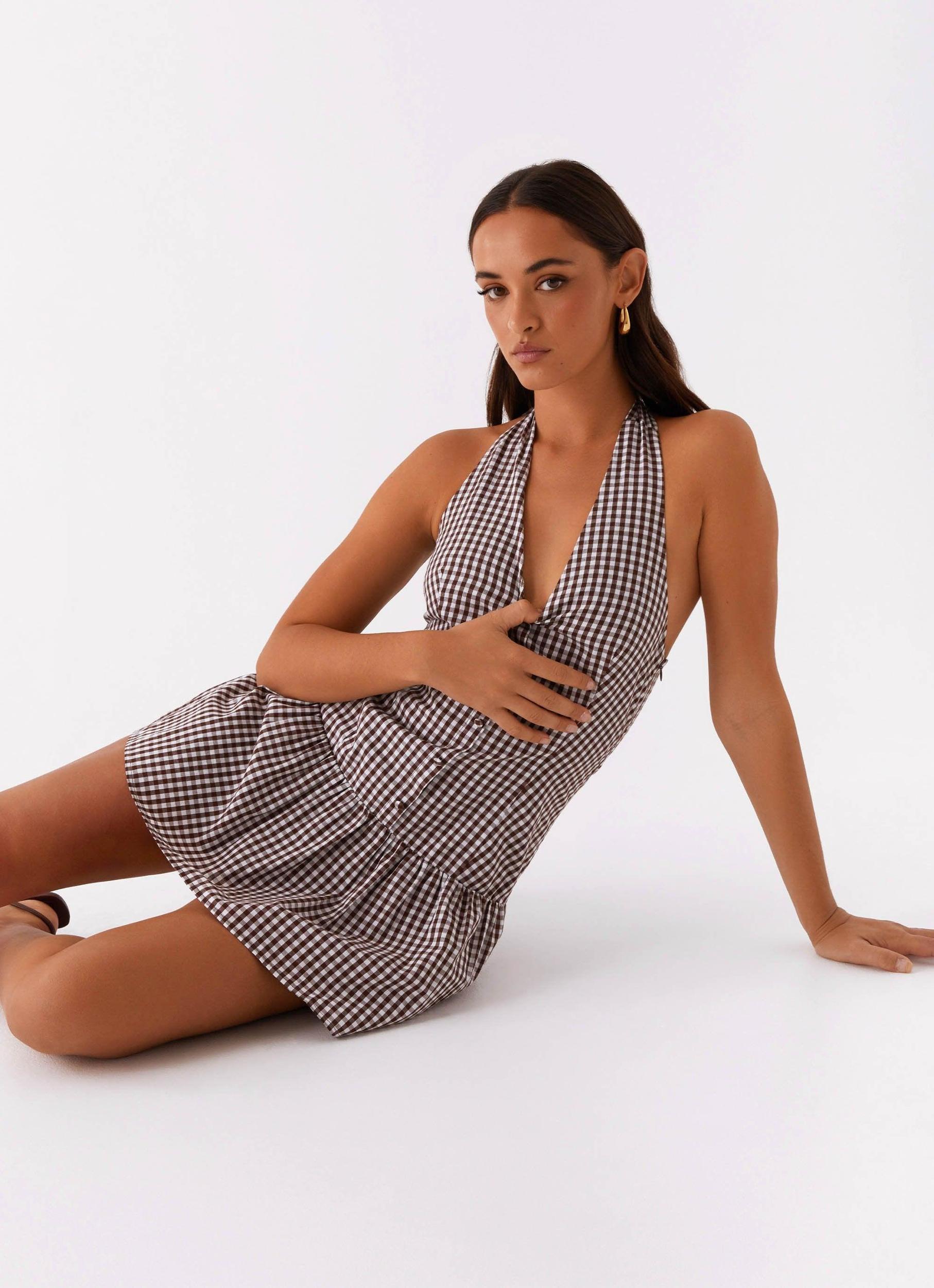 New Look Shirred Halter Mini Dress - Chocolate Gingham Product Image