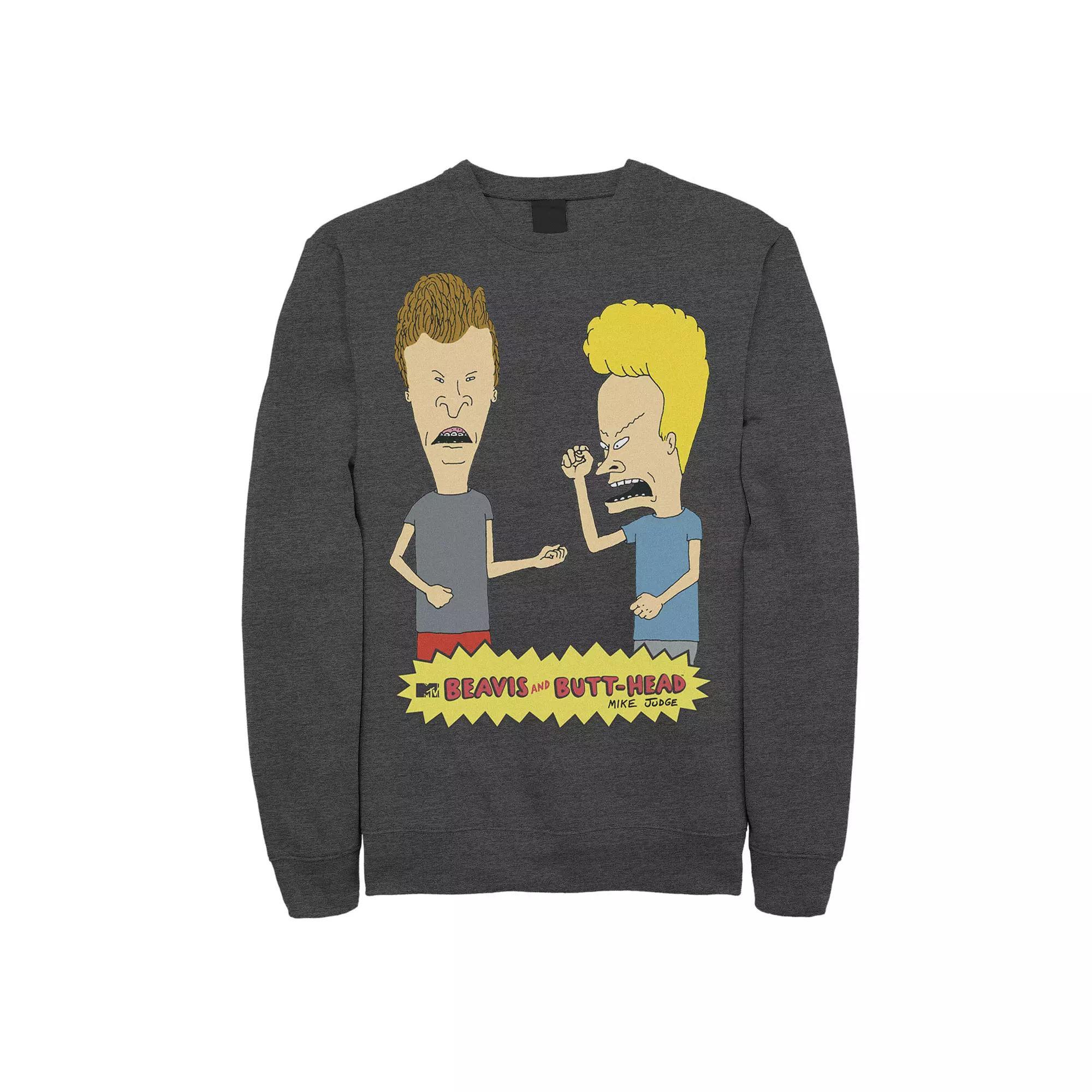 Mens Beavis and Butthead Fist Pump Distressed Portrait Sweatshirt Grey Heather Product Image
