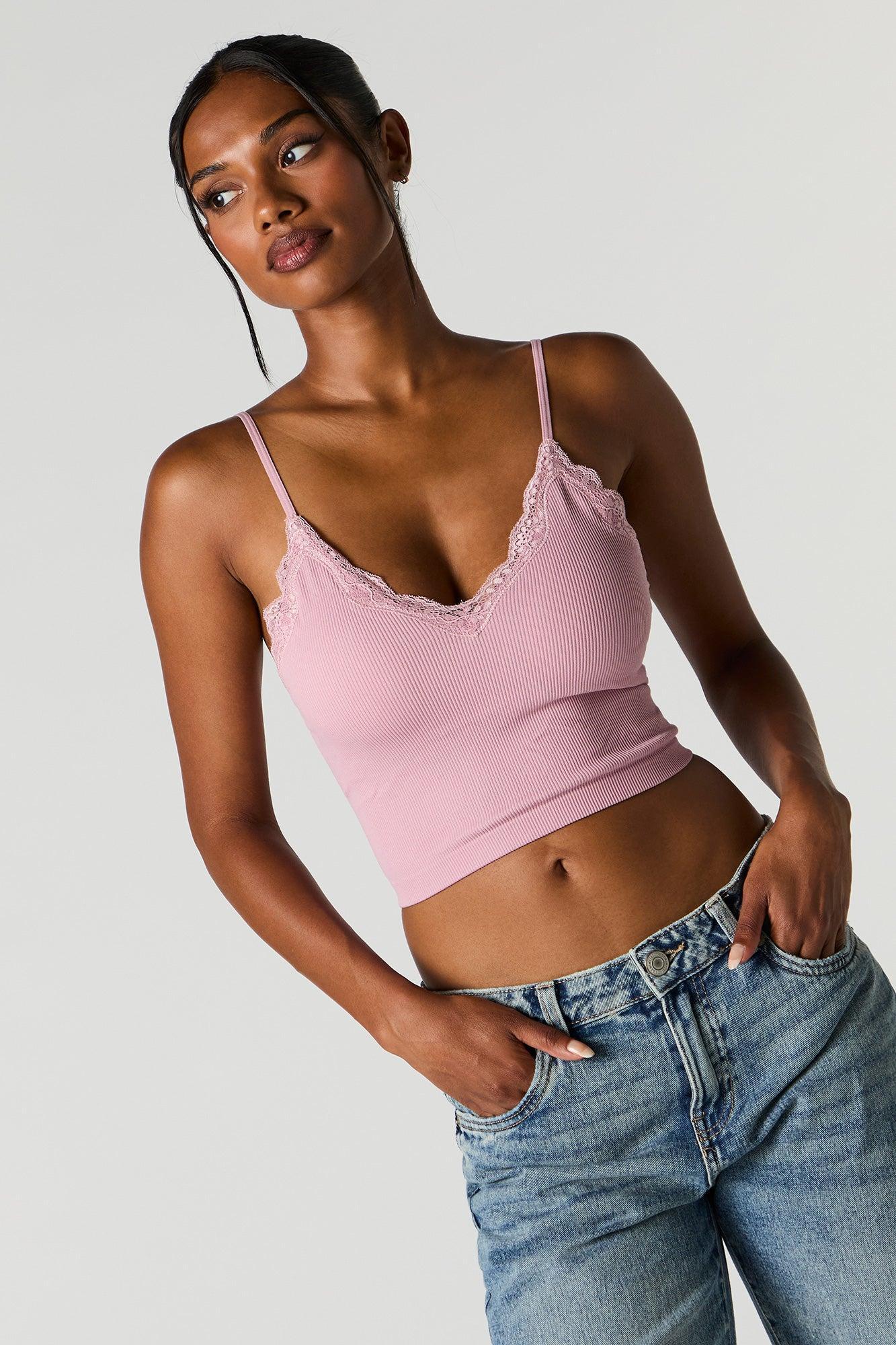 Seamless Ribbed Lace Trim Cami with Built-In Bra Cups Female Product Image
