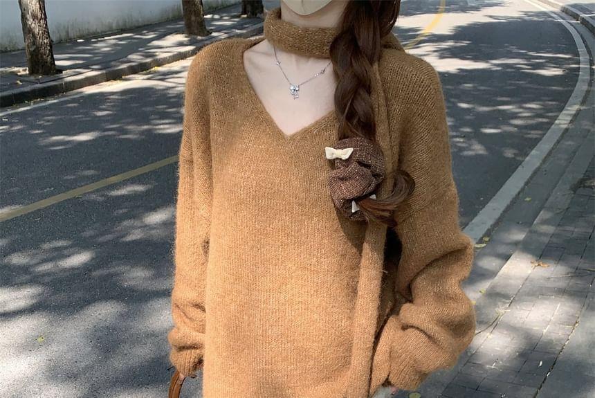 Drop Shoulder V-Neck Plain Oversized Sweater Product Image