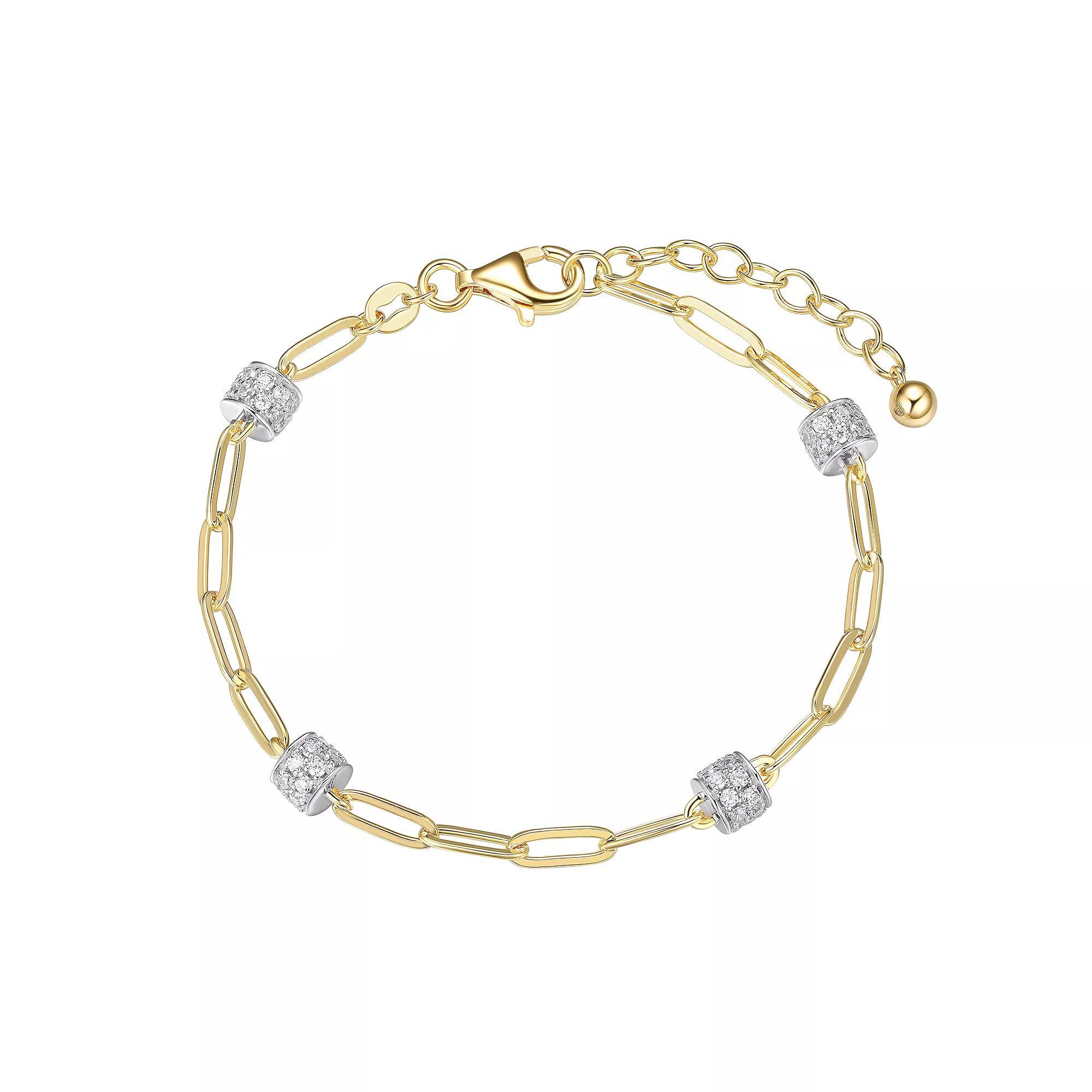 18k Gold Over Silver Cubic Zirconia Station Link Bracelet, Women's, Size: 7", 18k Gold Plated Product Image