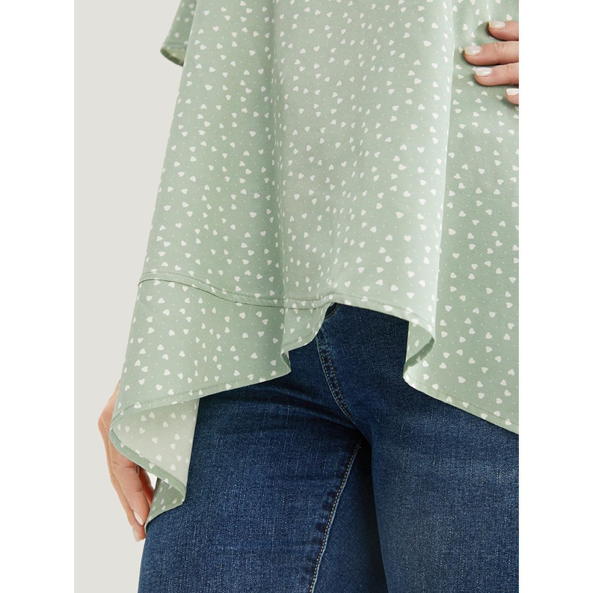 Plus Size Mint Heart Print Ruffle Sleeve Asymmetrical Hem Blouse Women Elegant Short sleeve V-neck Dailywear Blouses BloomChic 30/6X Product Image