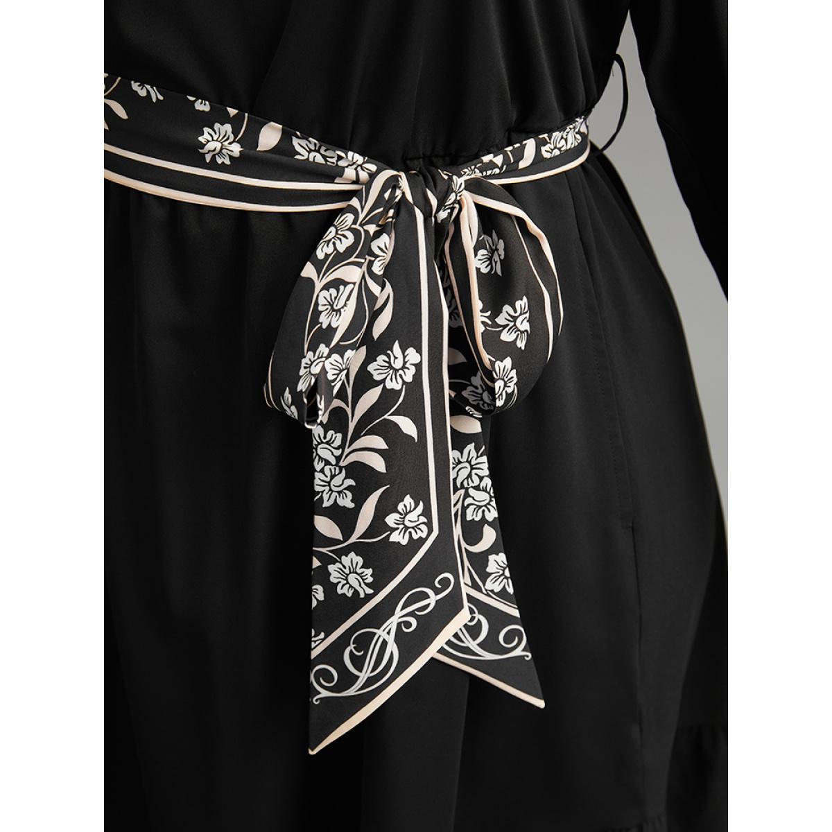 Plus Size Anti-Wrinkle Floral Print Belted Notched Dress Black Women At the Office Plain Notched collar Long Sleeve Curvy Knee Dress BloomChic 22-24/3X Product Image