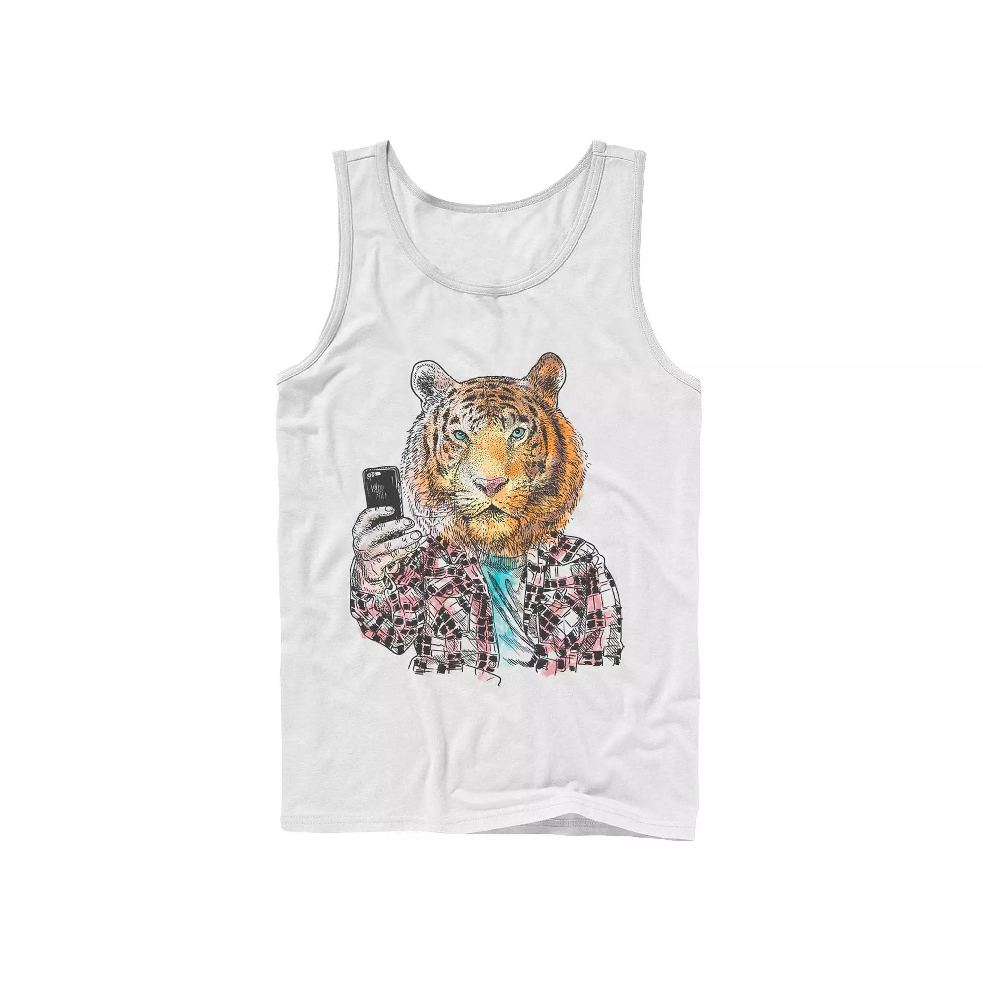 Men's Trendy Tiger Selfie Color Sketch Tank Top, Size: Large, White Product Image