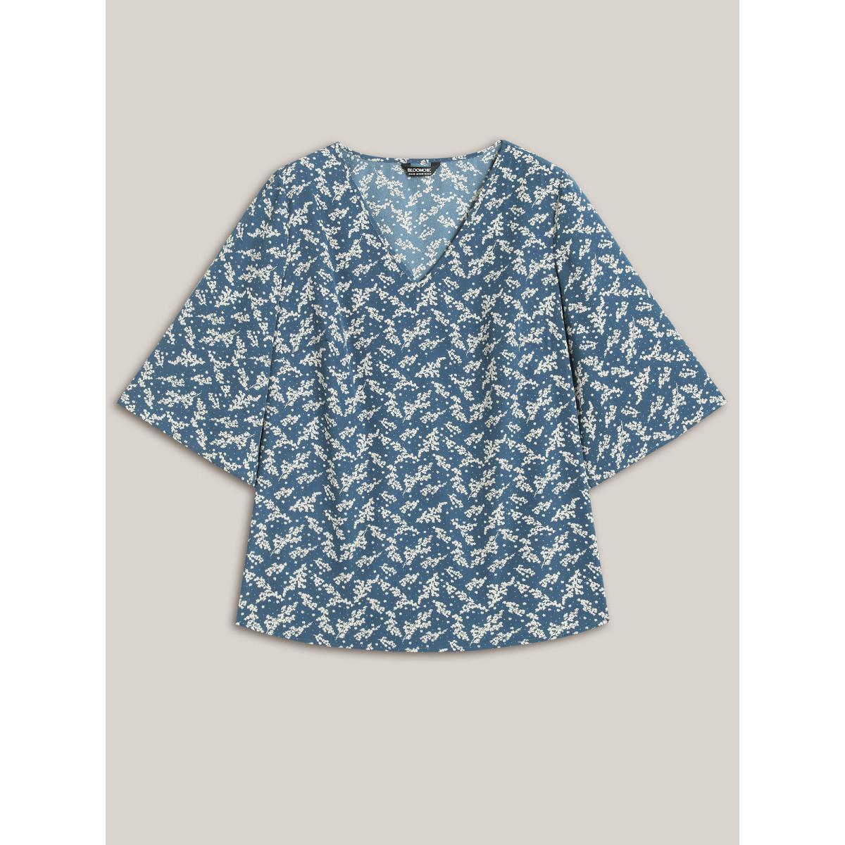 Plus Size Aegean Floral Print Curvy Hem V-Neck Shirt Women Resort Elbow-length sleeve V-neck Vacation Blouses BloomChic 26/4X Product Image
