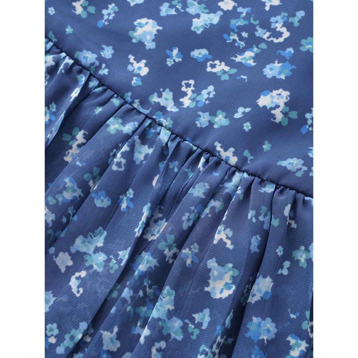 Plus Size Indigo Ditsy Floral Mesh Overlap Collar Ties Blouse Women Elegant Short sleeve Overlap Collar Everyday Blouses BloomChic 14-16/1X Product Image