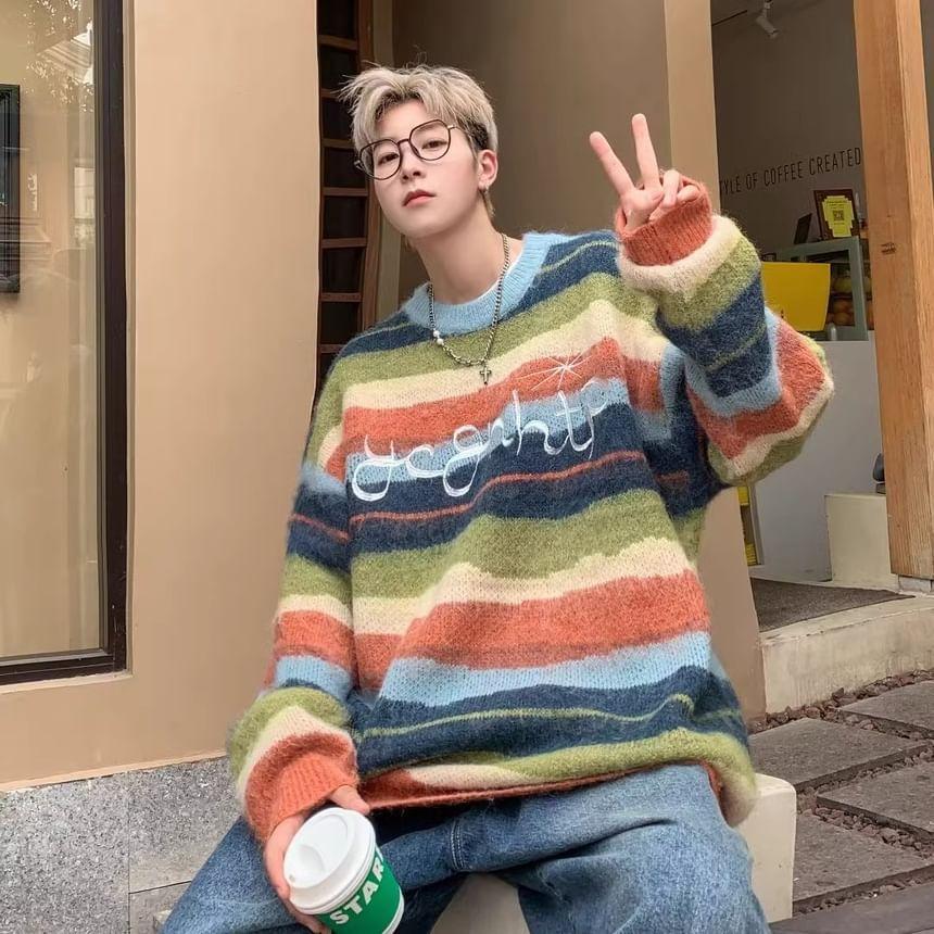 Round Neck Striped Lettering Sweater Product Image