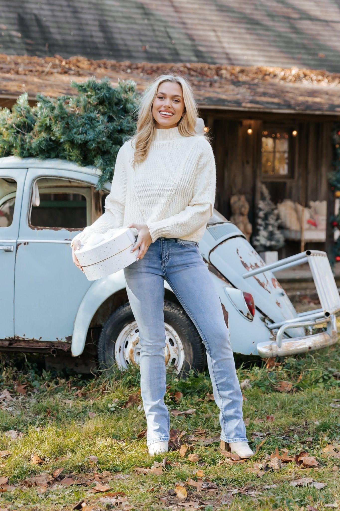 Seam Detail Mock Neck Sweater - Cream - FINAL SALE Product Image
