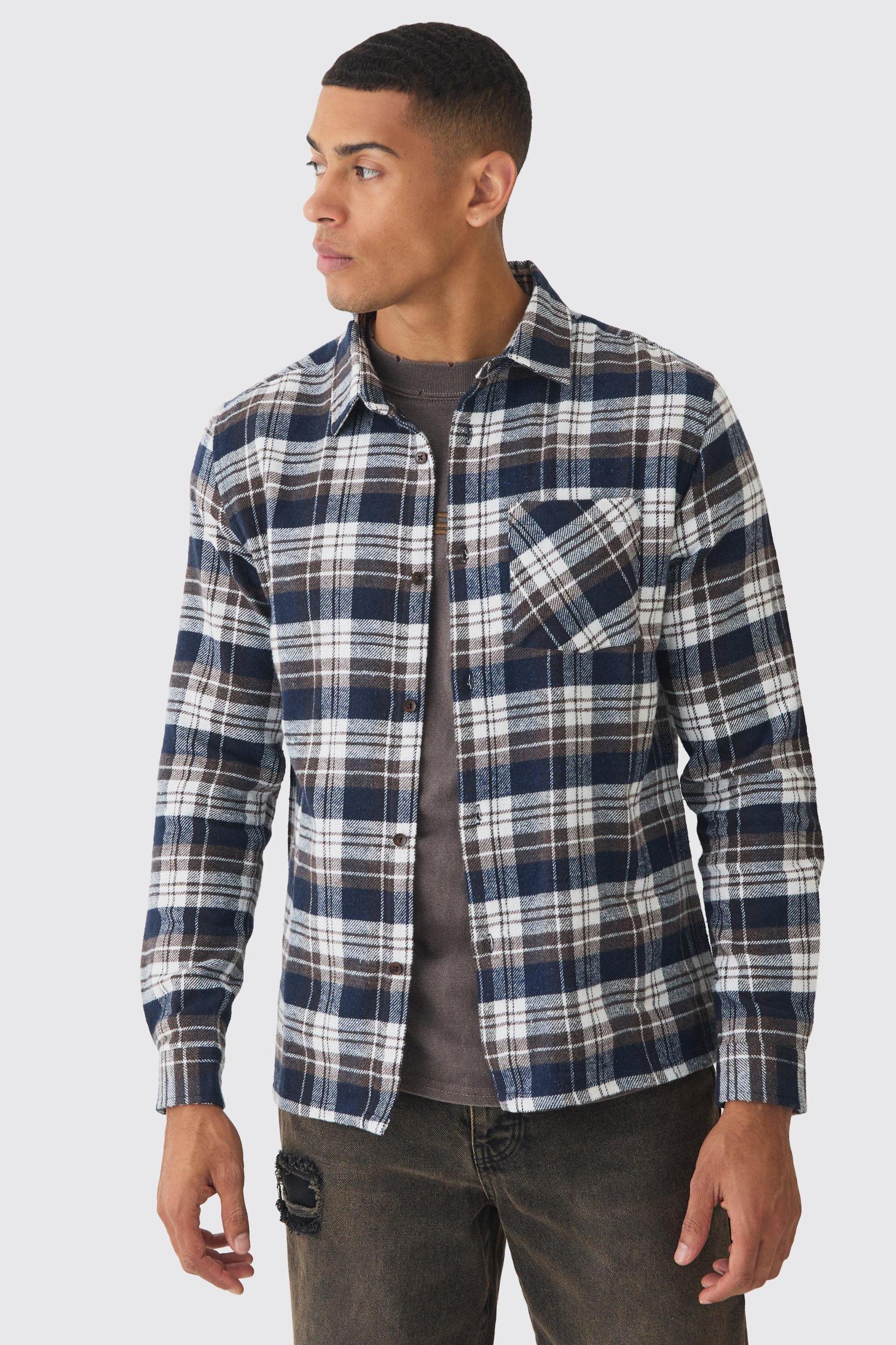 Mens Regular Fit Long Sleeve Flannel Shirt - Navy Product Image