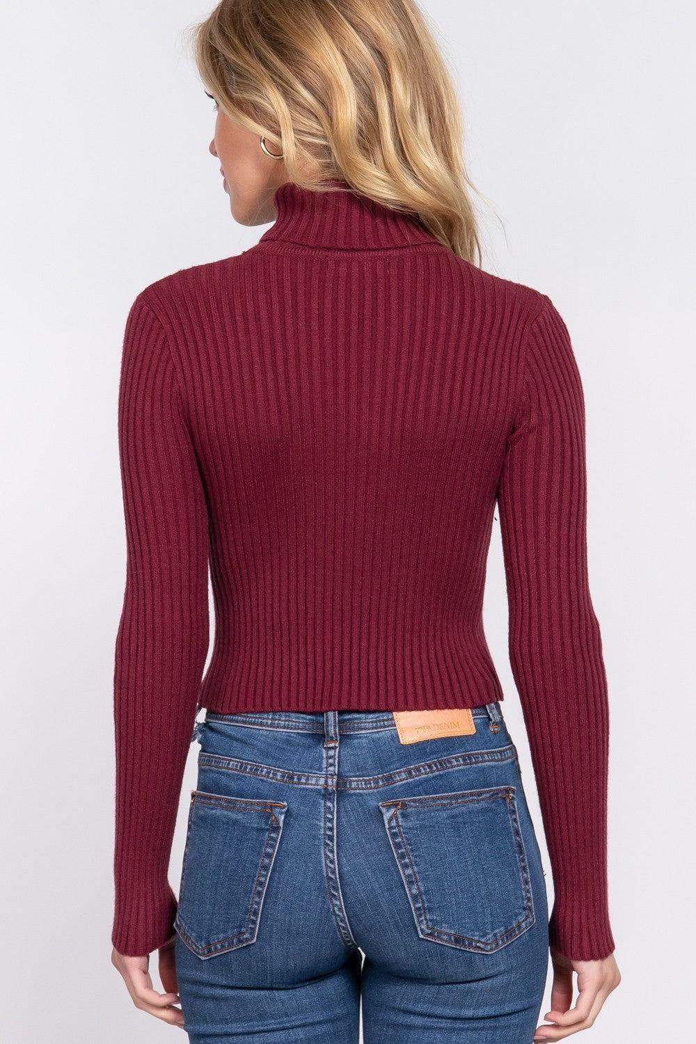 Long Sleeve Turtle Neck Fitted Crop Rib Sweater Product Image