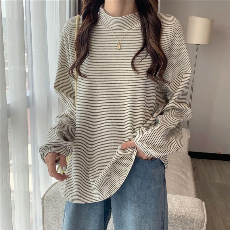 Long-Sleeve Mock Neck Striped T-Shirt Product Image