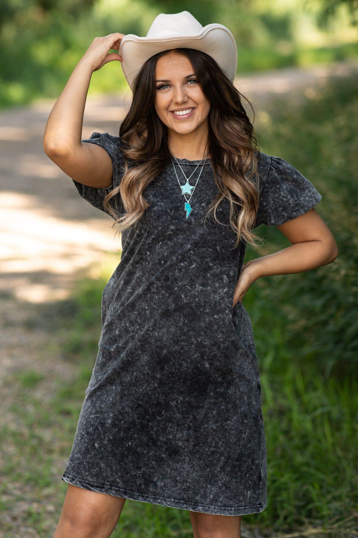 Black Washed Puff Sleeve Dress With Pockets Product Image