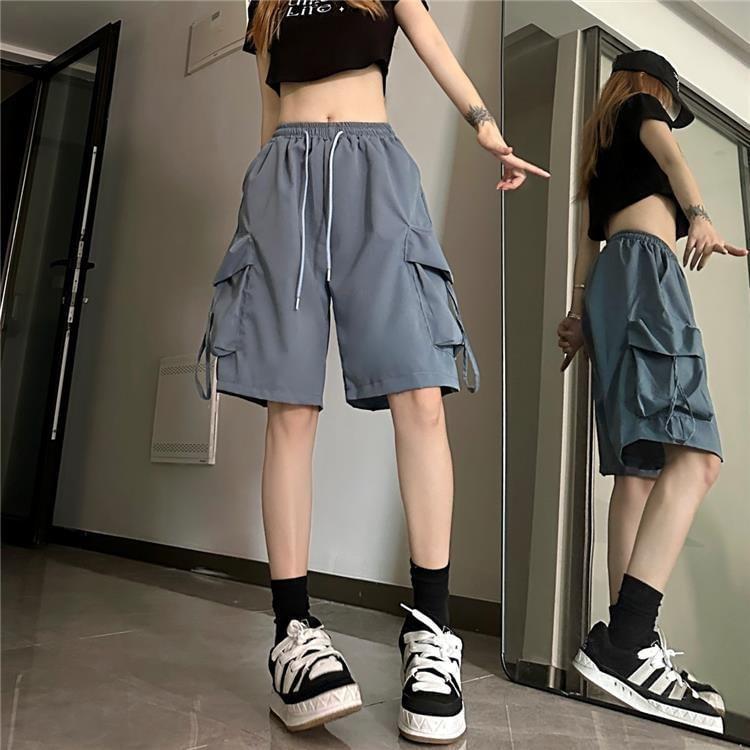 High Waist Plain Wide Leg Cargo Shorts Product Image