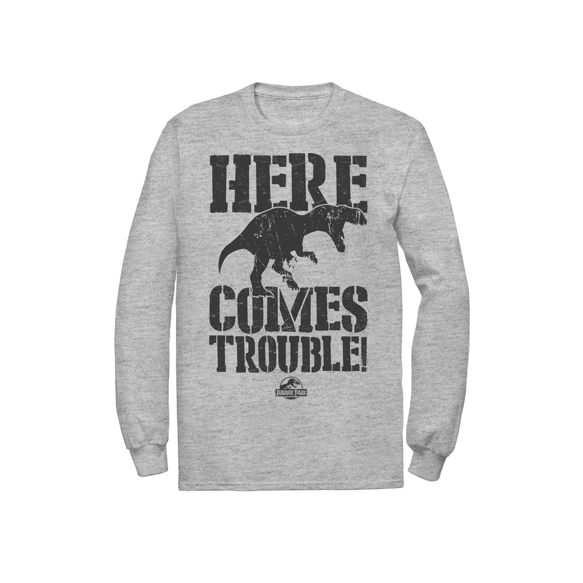 Men's Jurassic Park Here Comes Trouble Long Sleeve Graphic Tee, Size: Medium, Athletic Grey Product Image