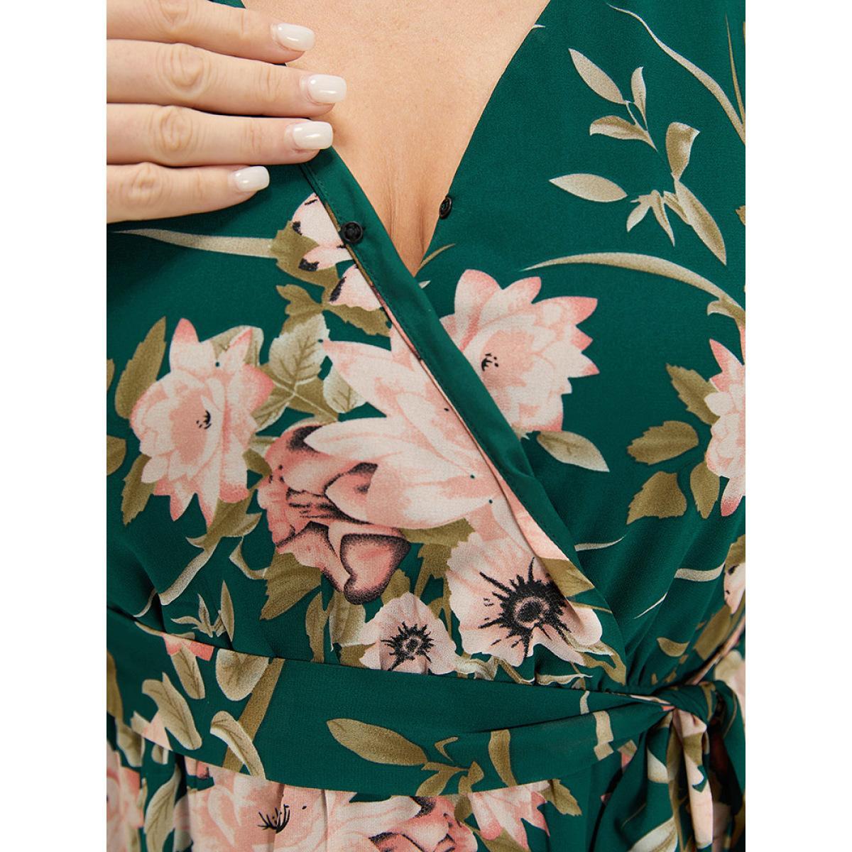 Plus Size Floral Print Surplice Neck Belted Dress DarkGreen Women Elegant Lined V-neck Elbow-length sleeve Curvy Midi Dress BloomChic 26/4X Product Image