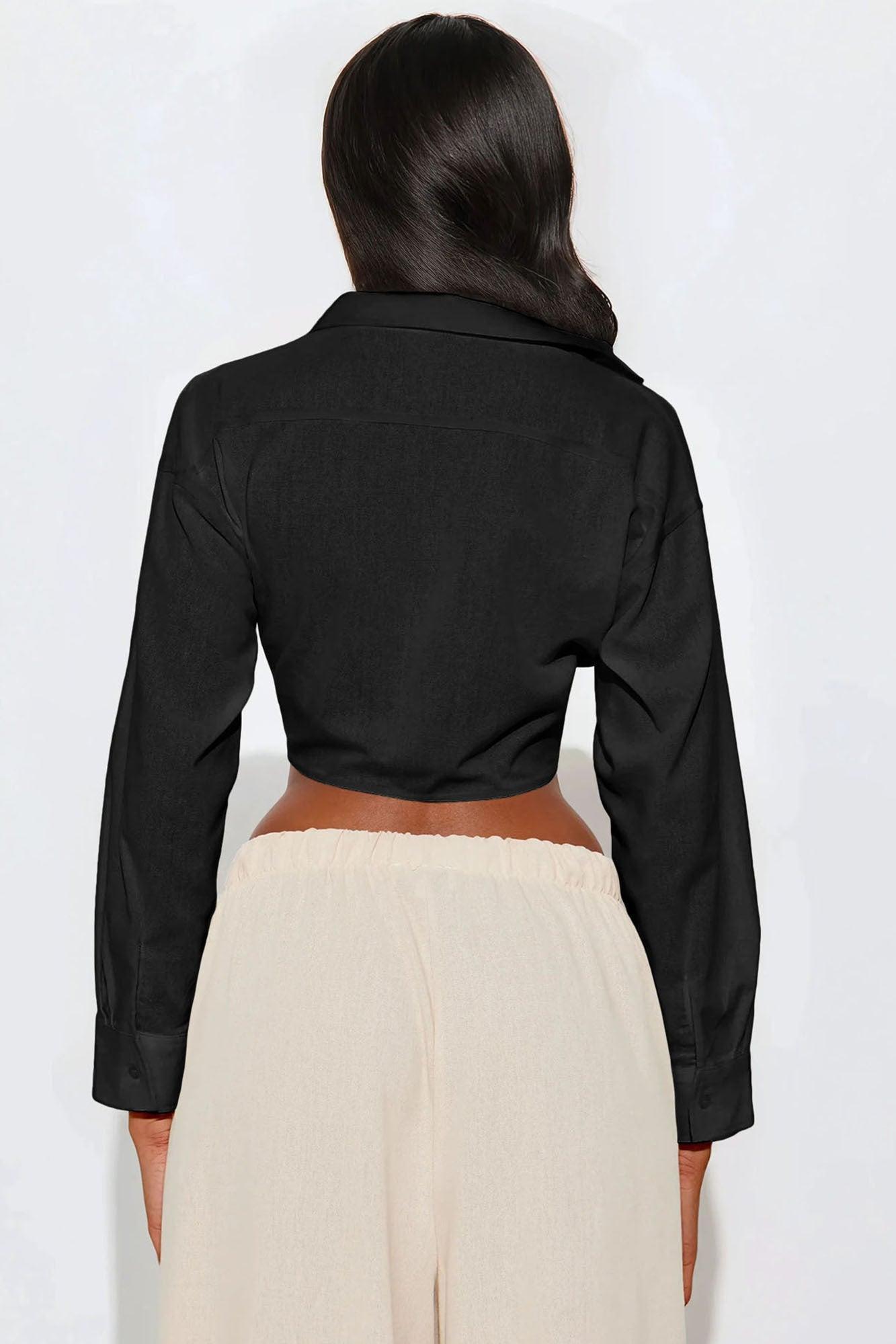 Alia Linen Tie Front Cropped Top - Black Product Image
