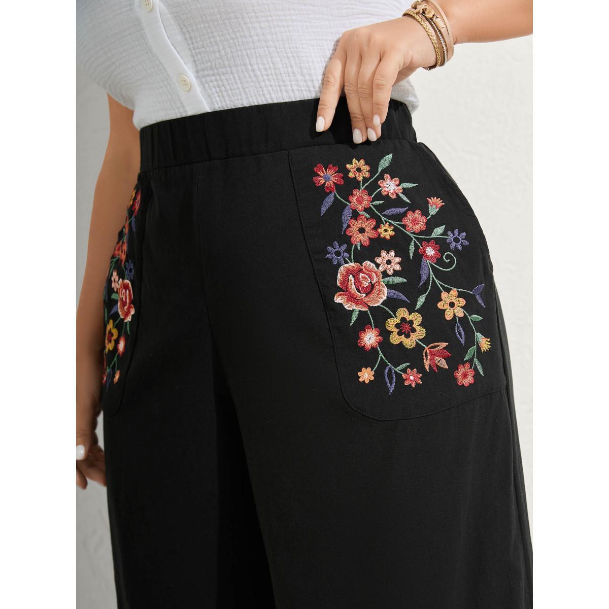 Plus Size Cotton Floral Embroidered Pockets Ribbed Hem Pants Women Black Resort Loose Mid Rise Vacation Pants BloomChic 12/L Product Image