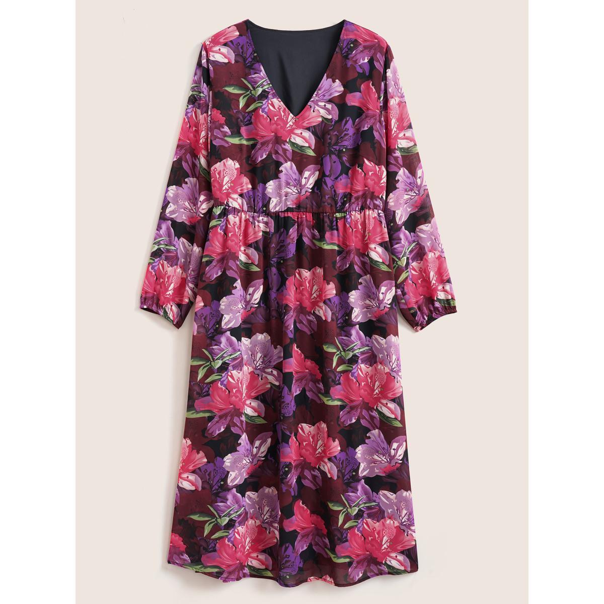 Plus Size Floral Lantern Sleeve Mesh Elastic Waist Dress RedViolet Women Elegant Non V-neck Long Sleeve Curvy Midi Dress BloomChic 30/6X Product Image
