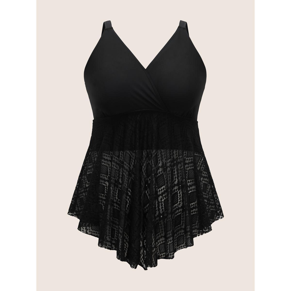 Plus Size V Neck Crochet Lace Mesh Swim Top Women's Swimwear Black Beach Texture High stretch Bodycon Overlap Collar Curve Swim Tops BloomChic 10/M Product Image