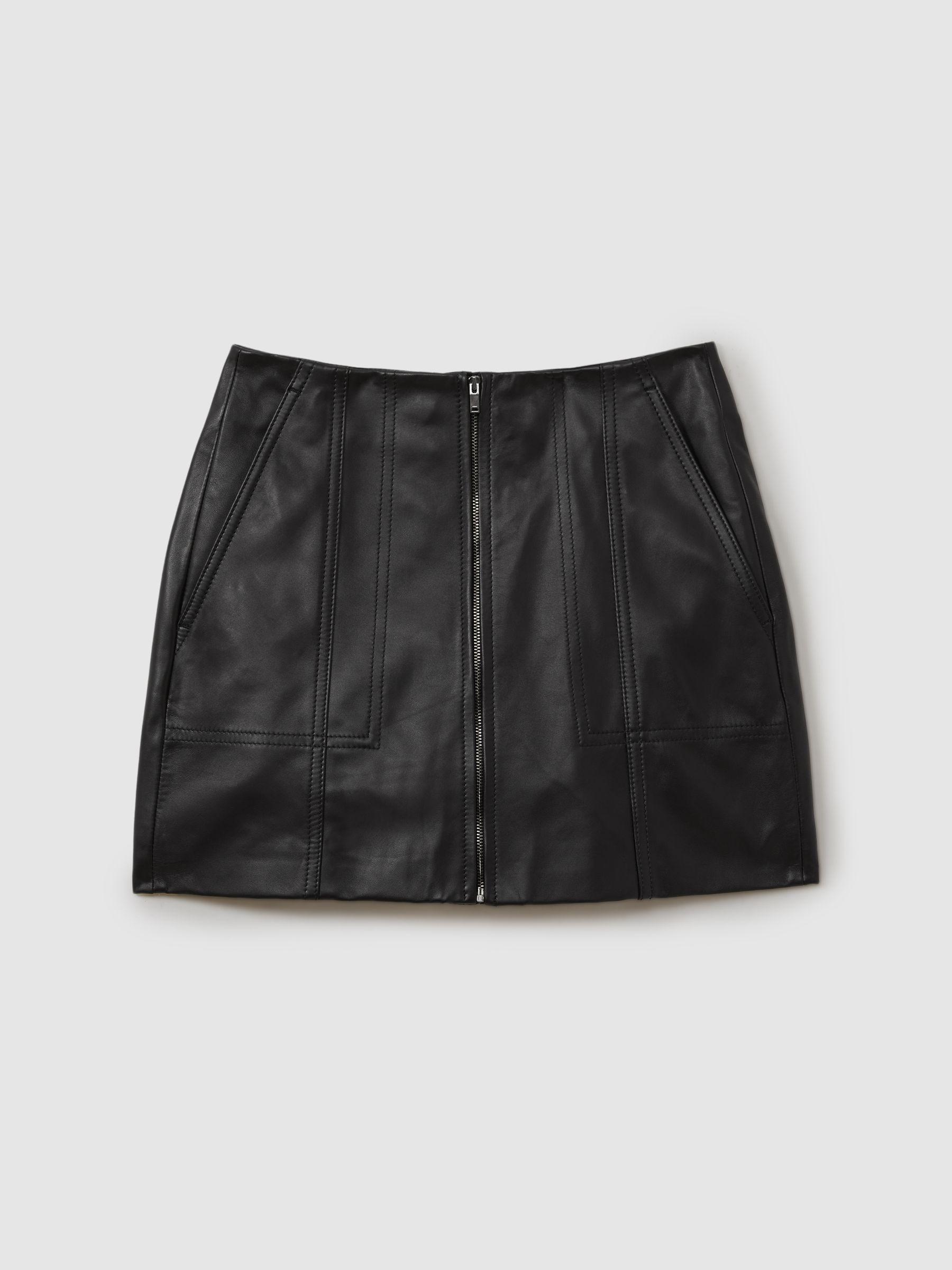 Leather Zip-Front Mini Skirt in Black Product Image