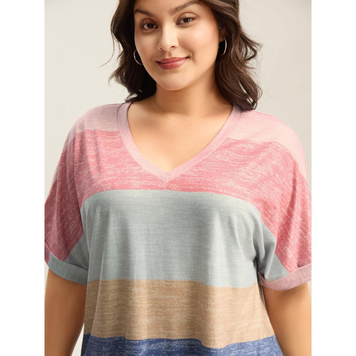 Plus Size Multi-Color Summer Stripes T-Shirt Beanpastepowder Women Casual Contrast V-neck Everyday-Casual T-shirts BloomChic 18-20/2X Product Image