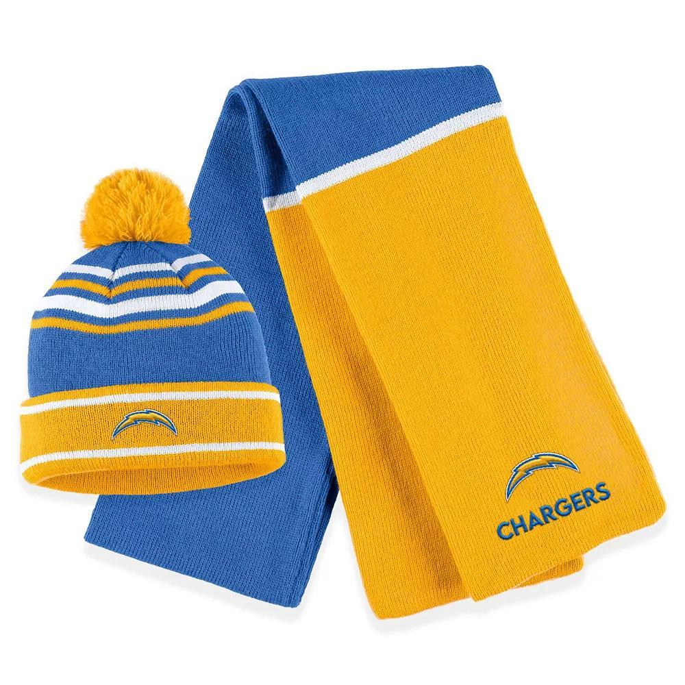 Women's WEAR by Erin Andrews Powder Blue Los Angeles Chargers Colorblock Cuffed Knit Hat with Pom and Scarf Set, Light Product Image