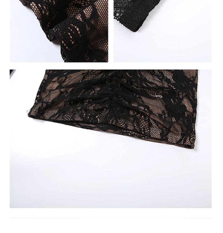 Long Sleeve Mock Neck Cutout Ruched Lace Overlay Mini Sheath Dress Product Image