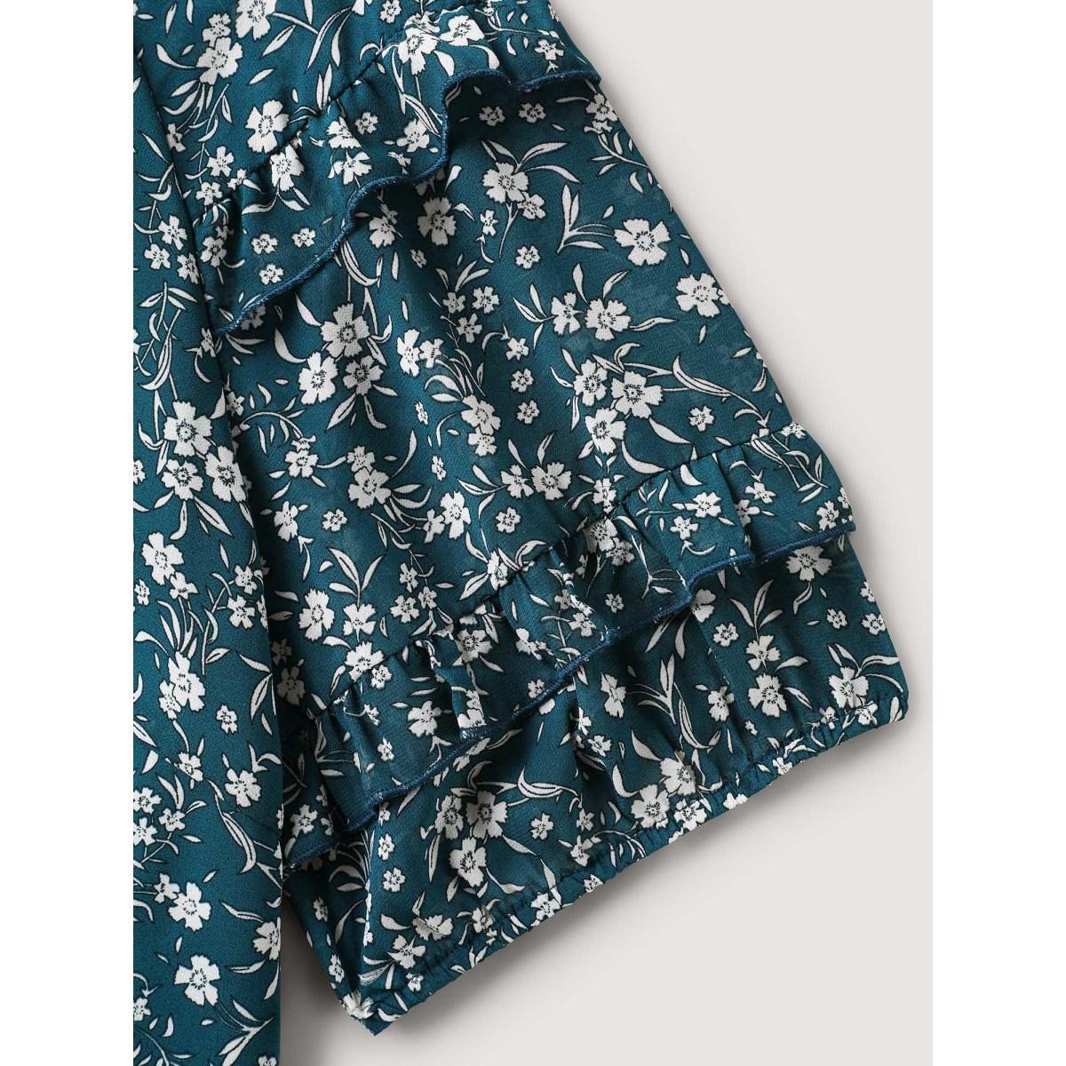 Plus Size Aegean Delicate Florals Ruffled Tiered Sleeve Blouse Women Short sleeve Round Neck Vacation Blouses BloomChic 28/5X Product Image