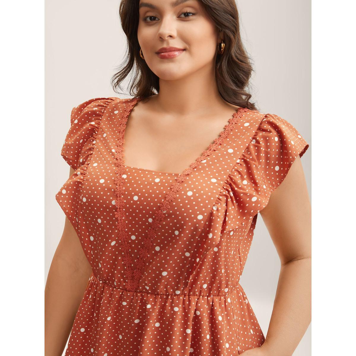 Plus Size Polka Dots Ruffled Cinched-Waist Dress Coral Women V-neck Short sleeve Curvy BloomChic 30/6X Product Image