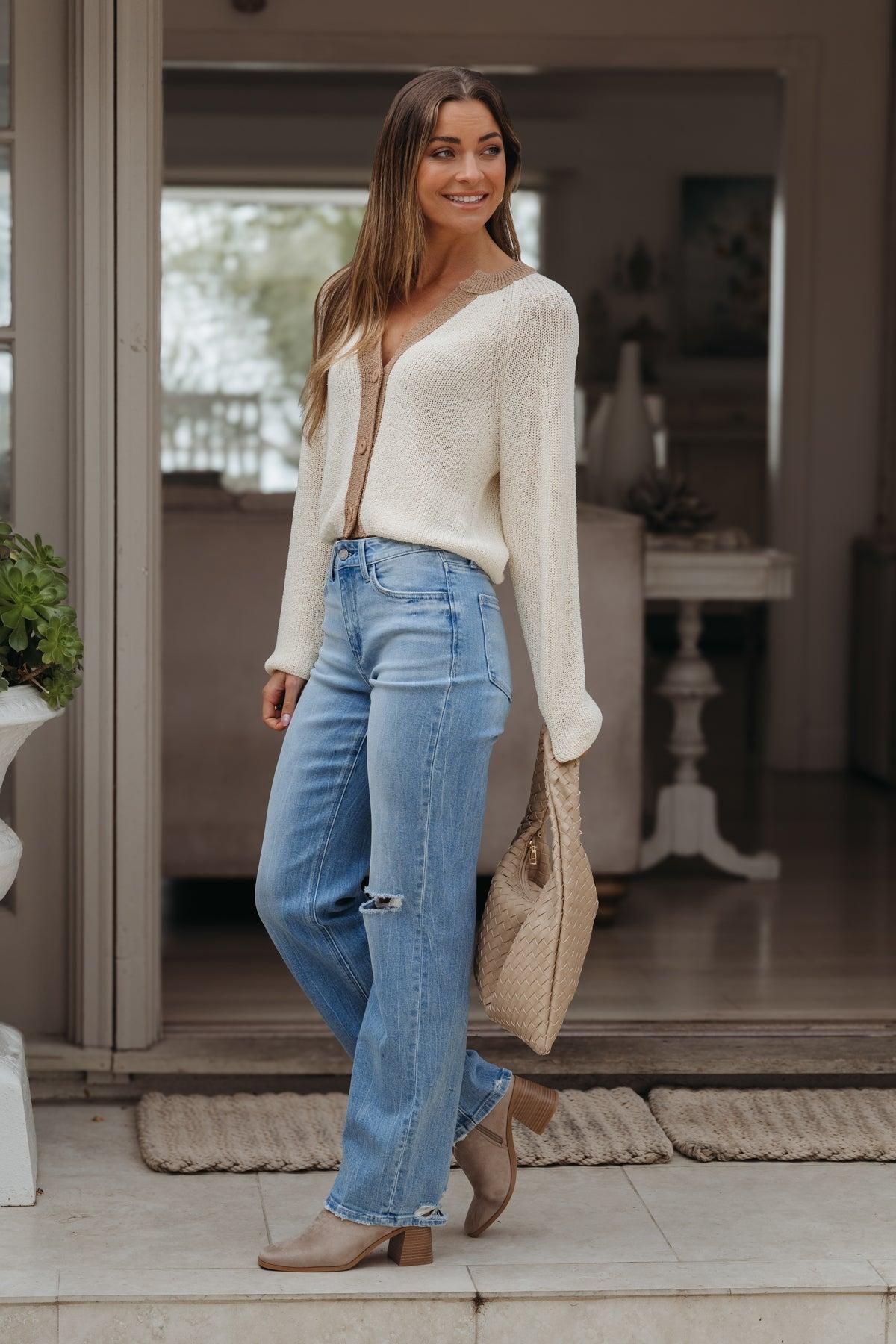 Light Wash High Rise Distressed Slim Wide Leg Jeans - FINAL SALE Product Image
