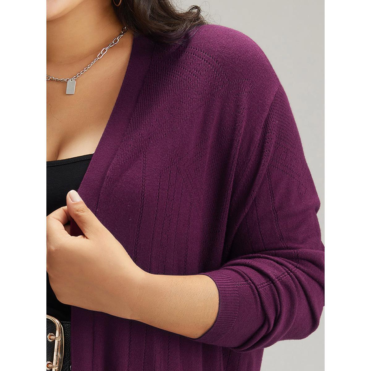Plus Size Supersoft Essentials Plain Hollow Out Open Front Cardigan Purple Women Basics Loose Long Sleeve Everyday Cardigans BloomChic 30/6X Product Image