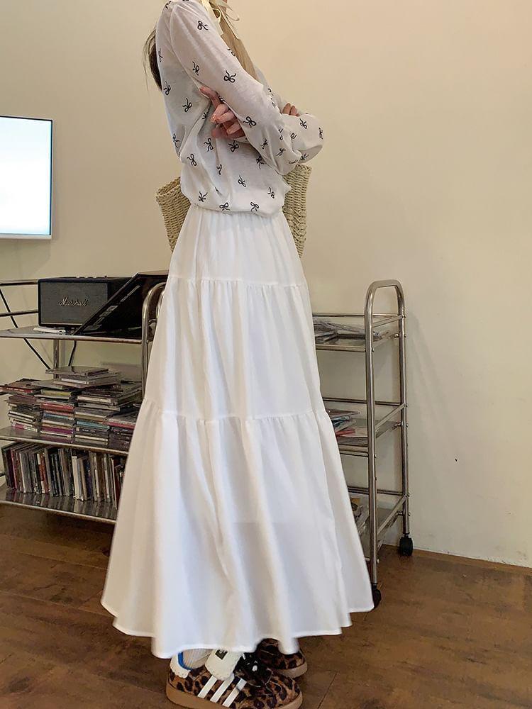 Elastic Waist Plain Tiered Maxi A-Line Skirt Product Image