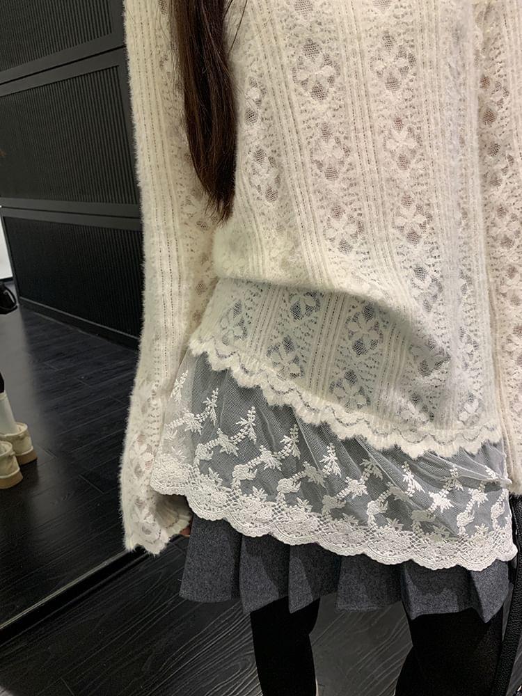 Long Sleeve Mock Neck Plain Panel Lace Top Product Image
