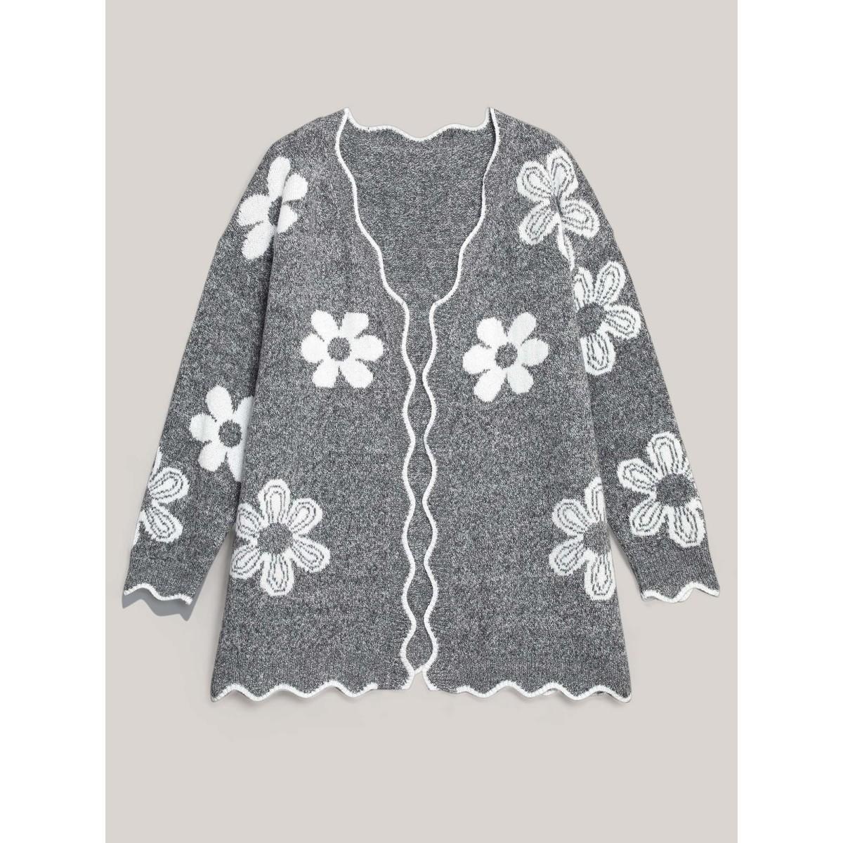 Plus Size Floral Pattern Open-Front Knitted Cardigan DarkGray Women Casual Loose Long Sleeve Everyday Cardigans BloomChic 26/4X Product Image