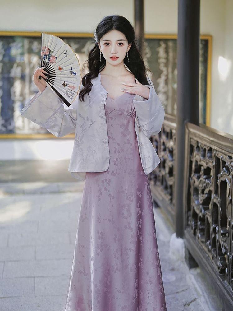 Spaghetti Strap Jacquard Maxi A-Line Dress / V-Neck Frog Closure Jacket / Set Product Image
