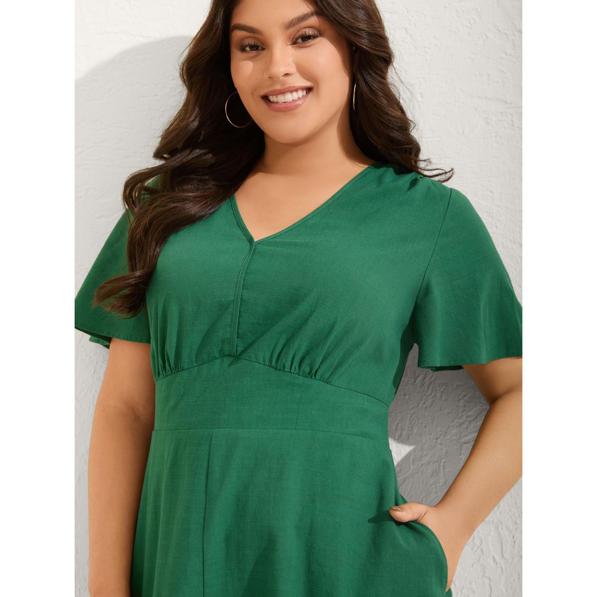 Plus Size DarkGreen Cinched-Waist V-Neck Solid Romper Women Short sleeve Non Vacation Loose Jumpsuits BloomChic 22-24/3X Product Image